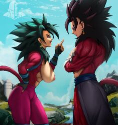 1boy 1girl absurdres black_hair breasts dragon_ball dragon_ball_heroes dragon_ball_super earrings elite_nappa hand_on_own_hip highres jewelry kefla_(dragon_ball) large_breasts muscular muscular_male nipples novasayajingoku potara_earrings red_fur super_dragon_ball_heroes super_saiyan super_saiyan_4 thick_thighs thighs topless_female vegetto vegetto_(xeno) wide_hips