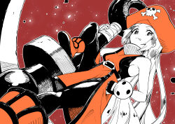 1girl anchor black_gloves breasts fingerless_gloves gloves greyscale guilty_gear hat highres long_hair looking_at_viewer may_(guilty_gear) monochrome orange_hat pantyhose pirate_hat sideboob skull_and_crossbones solo spot_color toku_sonchou tongue