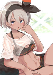 1girl abs bea_(pokemon) blue_eyes breasts cleavage collarbone commentary cowboy_shot dark-skinned_female dark_skin e-co female_focus grey_hair gym_leader hairband looking_at_viewer medium_breasts navel nintendo open_mouth pokemon pokemon_swsh see-through_clothes shirt short_hair short_sleeves simple_background sitting solo sports_bra sportswear white_shirt