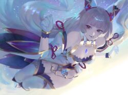 1girl 4444chen absurdres animal_ears blunt_bangs breasts cat_ears chest_jewel detached_sleeves facial_mark fangs film_grain gloves grey_hair highleg highleg_leotard highres leotard long_hair low_twintails nia_(xenoblade) smile solo twintails very_long_hair white_gloves xenoblade_chronicles_(series) xenoblade_chronicles_2 yellow_eyes