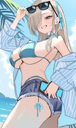 asuna_(blue_archive) beach bikini blue_archive blue_bikini blue_eyes blue_nails blue_shirt breasts denim denim_shorts eyewear_on_head frayed_clothes hair_ribbon highres large_breasts looking_at_viewer mango_(mango0208) ocean ribbon shirt shorts smile sunglasses swimsuit unfinished water