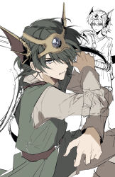 1boy belt blue_gemstone clenched_teeth commentary_request dragon_quest dragon_quest_iv earrings fins forehead_protector gem green_hair green_tunic grey_eyes hair_over_one_eye head_fins hero_(dq4) highres holding holding_sword holding_weapon incoming_attack jewelry looking_at_viewer male_focus medium_hair multiple_views sato_sio_(si00x) shirt single_earring sketch solo sword teeth tunic weapon white_background white_shirt