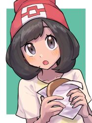 1girl 8eke725 :o black_eyes black_hair eyelashes food hat holding holding_food looking_at_viewer nintendo open_mouth pokemon pokemon_sm red_hat selene_(pokemon) shirt short_hair short_sleeves solo upper_body