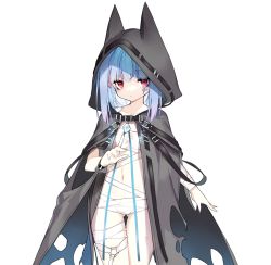 1girl bandaged_leg bandages black_cloak blue_hair blue_nails blush cloak closed_mouth curled_horns facial_mark fake_horns hood hood_up hooded_cloak horns long_hair looking_at_viewer nail_polish navel original pointy_ears red_eyes saru simple_background solo standing torn_cloak torn_clothes white_background