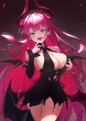 Rule 34 | 1girl, :d, absurdres, azur lane, bare shoulders, black dress, blue eyes, breasts, cleavage, cleavage cutout, clothing cutout, demon girl, demon horns, demon wings, detached sleeves, dress, fangs, finger to mouth, grabbing own breast, groin, hand on own chest, hands up, heterochromia, highres, hip focus, horns, large breasts, long hair, mecklenburg (azur lane), microdress, nail polish, no bra, open mouth, pink eyes, pink hair, pink nails, sideboob, smile, solo, stomach cutout, thighs, torn clothes, torn dress, upskirt, very long hair, wings, xianmianxi