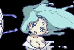 1girl akai_(ugokashitari) animated animated_gif aqua_hair bare_shoulders bouncing_breasts breasts cleavage electric_fan enraenra_(youkai_watch) floating_hair head_tilt japanese_clothes kimono liquid_hair long_hair lowres medium_breasts open_mouth pixel_art simple_background solo sweat transparent_background upper_body wind youkai_watch