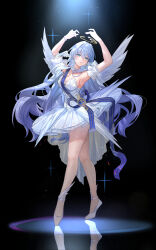 Rule 34 | 1girl, absurdres, alternate costume, armpits, arms up, ballerina, ballet, ballet slippers, black background, blue hair, blue ribbon, bracelet, breasts, cleavage, dancer, detached collar, detached sleeves, dress, dress ribbon, earrings, face jewel, facing viewer, feathered wings, feathers, floating hair, full body, green eyes, hair between eyes, head wings, highres, honkai: star rail, honkai (series), jewel under eye, jewelry, long hair, looking up, pantyhose, parted lips, reflection, ribbon, robin (honkai: star rail), short sleeves, simple background, single earring, solo, very long hair, white dress, white feathers, white pantyhose, white wings, wings, yolanda
