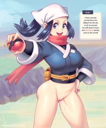 1girl akari_(pokemon) beach blue_hair bottomless breasts english_text hat headscarf inminent_sex long_hair medium_breasts nintendo poke_ball pokemon pokemon_legends:_arceus presenting pussy pussy_juice solo supersatanson wet