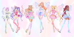 Rule 34 | 6+girls, aisha (winx club), aqua boots, aqua dress, armlet, asian, asymmetrical hair, bad id, bad twitter id, bare shoulders, black lips, blonde hair, bloom (winx club), blue boots, blue dress, blue gloves, blue sleeves, blue wings, blunt bangs, blunt ends, boots, bow, braid, breasts, brown hair, bubble skirt, chocofish, cleavage, closed mouth, clothing cutout, collared dress, colorful background, commentary, cosmix, dark-skinned female, dark skin, detached sleeves, double bun, dress, enchantix, english commentary, expressionless, fairy, fairy wings, fingerless gloves, fishnets, floating, flora (winx club), flower, frilled dress, frilled skirt, frills, full body, gloves, gold tiara, gradient boots, green sleeves, hair bun, hair flower, hair ornament, hair ribbon, hair tie, hairclip, halter dress, halterneck, hand on own hip, hands on own hips, happy, head wreath, high collar, high heel boots, high heels, high ponytail, highres, jewelry, knee boots, knees, lace, lace-trimmed dress, lace trim, layered dress, leg ribbon, light smile, lipstick, long hair, long sleeves, low-tied long hair, magical girl, makeup, messy hair, miniskirt, multicolored boots, multicolored hair, multiple braids, multiple girls, musa (winx club), navel, one eye closed, open-toe boots, orange dress, orange hair, orange theme, partially fingerless gloves, pink boots, pink bow, pink dress, pink flower, pink hair, pink sleeves, pink wings, plaid clothes, plaid dress, ponytail, purple boots, purple gloves, purple hair, red dress, red ribbon, ribbon, short dress, short hair, short sleeves, shot down, single braid, skirt, sleeveless, sleeveless dress, sleeves past wrists, star (symbol), star hair ornament, stella (winx club), stirrup footwear, stomach cutout, strapless, strapless dress, streaked hair, tecna (winx club), thigh boots, thighlet, toes, transparent wings, twin braids, two-tone boots, two-tone hair, v, very dark skin, very long hair, wavy hair, white wings, wings, winx club, yellow ribbon, yellow skirt, yellow wings
