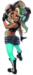 1girl black_boots black_gloves black_hair boots colored_extremities cropped_jacket dark-skinned_female dark_skin fingerless_gloves gloves gradient_hair green_eyes green_pantyhose laz_gm marina_(splatoon) mole mole_under_mouth multicolored_hair nintendo octoling pantyhose shorts sleeveless sleeveless_jacket solo splatoon_(series) splatoon_2 thick_eyebrows