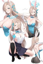 1girl absurdres animal_ear_headwear animal_ears animal_hands asuna_(blue_archive) asuna_(bunny)_(blue_archive) asymmetrical_bangs asymmetrical_hair asymmetrical_sidelocks back black_choker black_footwear black_panties black_socks blonde_hair blue_archive blue_bow blue_bowtie blue_eyes blue_leotard blue_ribbon blue_skirt bow bowtie breasts cameltoe cat_paws choker cleavage collage cropped_legs detached_collar fake_animal_ears fake_tail full_body gloves hair_over_one_eye hair_ribbon halo headband highleg highleg_leotard highres iak kneehighs large_breasts leotard loafers long_hair looking_at_viewer mole mole_on_breast panties partially_unbuttoned playboy_bunny pleated_skirt rabbit_ears rabbit_tail ribbon scrunchie shirt shoes sideboob skirt smile socks tail underwear very_long_hair white_gloves white_headband white_shirt wrist_scrunchie