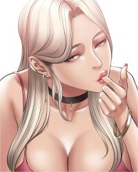 bimbofication bracelet breasts cleavage dr_stein_(pixiv) ear_piercing highres jewelry lips looking_at_viewer mia_(smoking_hypnosis) nail_(hardware) necklace piercing pink_tank_top smoking_hypnosis tank_top upper_body