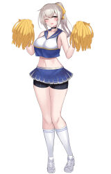 1girl amahara_kuon bare_arms bare_shoulders bike_shorts bike_shorts_under_skirt black_choker black_shorts blue_skirt blush breasts brown_eyes cheerleader choker cleavage collarbone crop_top crop_top_overhang full_body grey_hair hair_ribbon highres holding holding_pom_poms kneehighs kutan large_breasts long_hair looking_at_viewer midriff miniskirt navel one_eye_closed open_mouth original pleated_skirt pom_pom_(cheerleading) pom_poms ponytail ribbon sailor_collar shirt shoes short_shorts shorts shorts_under_skirt simple_background skirt sleeveless sleeveless_shirt smile sneakers socks solo standing stomach thighs transparent_background variant_set white_background white_socks yellow_eyes