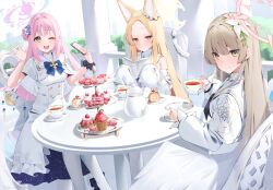 3girls ;d animal_ear_fluff animal_ears bare_shoulders blue_archive blue_bow blush book bow brown_eyes brown_hair cellphone closed_mouth commentary_request cup detached_sleeves dress food fox_ears fox_girl hair_bun halo highres holding holding_book holding_cup holding_phone long_hair macaron mika_(blue_archive) multiple_girls nagisa_(blue_archive) nosuke_tmg one_eye_closed open_mouth outdoors pantyhose phone pink_hair pink_halo red_eyes red_halo seia_(blue_archive) sitting sleeves_past_fingers sleeves_past_wrists smile tea tea_party_(blue_archive) teacup teapot tiered_tray upper_body very_long_hair white_dress white_pantyhose white_sleeves yellow_eyes yellow_halo
