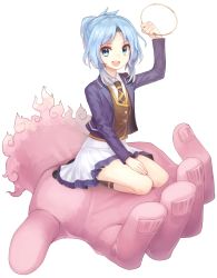 &gt;:d 1girl :d alternate_costume alternate_hairstyle arm_up blue_eyes blue_hair female_focus full_body highres hoop in_palm jacket jewelry keemoringo kumoi_ichirin long_sleeves looking_at_viewer necktie open_mouth ponytail ring school_uniform shirt short_hair simple_background sitting skirt smile solo solo_focus touhou unzan v-shaped_eyebrows vest white_background