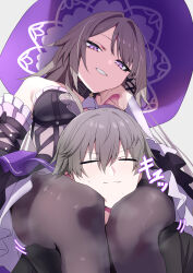1boy 1girl absurdres bare_shoulders black_dress black_shirt brown_hair caelus_(honkai:_star_rail) closed_eyes closed_mouth detached_sleeves dress grey_hair hand_on_own_face hat head_between_thighs herta_(honkai:_star_rail) highres honkai:_star_rail honkai_(series) long_hair long_sleeves official_alternate_design pantyhose purple_eyes purple_hat shirt simple_background smile strapless strapless_dress sweatdrop the_herta_(honkai:_star_rail) thick_thighs thighs tonomiya68 trailblazer_(honkai:_star_rail) white_background witch_hat