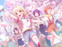 5girls bang_dream! blonde_hair blue_eyes blue_hair brown_hair cherry_blossoms hello_happy_world! kitazawa_hagumi long_hair long_sleeves looking_at_viewer matsubara_kanon medium_hair multiple_girls official_art okusawa_misaki pink_eyes purple_hair seta_kaoru shirt skirt suspender_skirt suspenders t-shirt tsurumaki_kokoro yellow_eyes