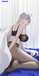 1girl absurdres bed bed_sheet black_bra blanket bra breasts chinese_commentary guhuabingwu highres holding holding_blanket large_breasts long_hair pantyhose underwear white_hair yellow_eyes yixuan_(zenless_zone_zero) zenless_zone_zero