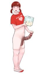 1futa absurdres after_masturbation censored closed_eyes container crop_top cum cum_in_container ejaculation erection futanari highres huge_penis penis red_hair shoes smile smzqsk testicles thighhighs twintails