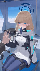 1boy 1girl absurdres black_jacket blonde_hair blue_archive blue_eyes blue_gloves blue_pants blush glove_in_mouth gloves highres holding_hands jacket maji_(majidesu3) mouth_hold official_alternate_costume official_alternate_hairstyle pants single_glove sitting solo sweatdrop toki_(blue_archive) white_jacket