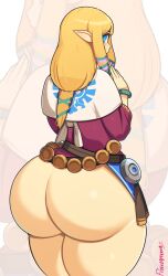 1girl absurdres ass ass_focus bad_tag blonde_hair blue_eyes bottomless bracelet butt_crack caked_up cheesecake dress fat_butt female food highres huge_ass jewelry looking_back nintendo pale-skinned-female pantylines plump plump_ass pointy_ears ponytail princess_zelda probablynoon simple_background the_legend_of_zelda the_legend_of_zelda:_skyward_sword tight_clothes wide_hips