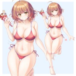 1girl absurdres ahoge alternate_costume bare_arms bare_legs barefoot belly bikini blue_background blush border breasts brown_eyes brown_hair cleavage collarbone crepe feet food full_body gakuen_idolmaster gluteal_fold grin hanami_ume highres holding holding_crepe holding_food idolmaster large_breasts looking_at_viewer multiple_views navel red_bikini short_hair side-tie_bikini_bottom simple_background smile stomach swimsuit toes tong_shui v-shaped_eyebrows white_border