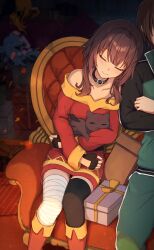 Rule 34 | 1boy, 3girls, absurdres, aqua (konosuba), blonde hair, blue hair, brown hair, closed eyes, darkness (konosuba), highres, icetea art, megumin, multiple girls, no headwear, off shoulder, satou kazuma, sitting, smile