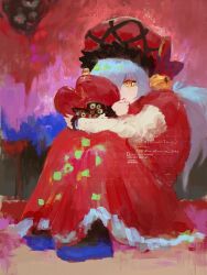 1girl angela_(project_moon) bell blue_hair blue_shoes bow closed_mouth dress e.g.o_(project_moon) full_body hat highres laetitia_(e.g.o) library_of_ruina long_hair long_sleeves looking_at_viewer mownai1648 project_moon red_bow red_dress red_hat shoes simple_background sitting solo twintails yellow_eyes