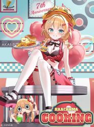1girl :d akai_haato akai_haato_(7th_costume) apron aqua_eyes bikini bikini_top_only black_shoes blonde_hair braid breasts burger carhop choker colored_shoe_soles commentary_request copyright_notice cropped_shirt detached_collar food fork_hair_ornament french_fries full_body haaton_(akai_haato) hair_ornament hairclip hamburger_hat highres holding holding_tray hololive indoors knife_hair_ornament looking_at_another low_twin_braids mary_janes medium_breasts medium_hair miniskirt momoshiki_tsubaki neck_ribbon official_alternate_costume official_alternate_hairstyle official_art on_table open_mouth polka_dot polka_dot_shirt polka_dot_skirt red_choker red_shirt red_skirt restaurant ribbon shirt shoes sitting skirt smile spiderchama swimsuit table thighhighs tray twin_braids virtual_youtuber waist_apron waitress white_apron white_thighhighs wrist_cuffs