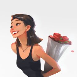 Rule 34 | 1girl, :d, arms behind back, black eyes, black hair, bouquet, falling flower, flower, grin, holding, holding behind back, jewelry, leaning forward, medium hair, open mouth, original, pendant, red flower, red rose, rose, sam yang, simple background, smile, solo, tank top, teeth, upper body, upper teeth only, white background