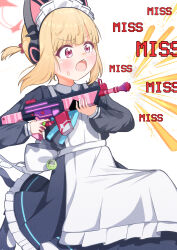 1girl absurdres animal_ear_headphones animal_ears apron aqua_bow aqua_bowtie back_bow battle_rifle black_dress black_shoes black_tail blonde_hair blue_archive blunt_bangs blush bow bowtie cat_ear_headphones cat_ears cat_tail chestnut_mouth collared_dress commentary_request contrast_collar dress english_text fake_animal_ears fake_tail finger_on_trigger firing frilled_apron frilled_dress frills gun h&amp;k_g3 hair_bow halo headphones highres holding holding_gun holding_weapon long_sleeves maid maid_apron maid_headdress mashi_stkt momoi_(blue_archive) momoi_(maid)_(blue_archive) official_alternate_costume official_alternate_hairstyle open_mouth parted_bangs pink_eyes pink_halo ponytail puffy_long_sleeves puffy_sleeves red_bow rifle shoes short_ponytail sidelocks simple_background solo sweatdrop tail tareme teeth upper_teeth_only virtual_pet_(toy) weapon white_apron white_background white_bow white_headdress