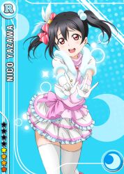 1girl \m/ anime_coloring black_hair blue_background blush bow card_(medium) cowboy_shot double_\m/ feather_hair_ornament feathers fur-trimmed_gloves fur_jacket fur_trim furrowed_brow gloves hair_bow hair_ornament jacket layered_skirt looking_at_viewer love_live! love_live!_school_idol_festival love_live!_school_idol_project official_art open_mouth outstretched_arms over-kneehighs pink_ribbon pink_shirt red_eyes ribbon shirt skirt smile snow_halation solo standing star_(symbol) teeth thighhighs turtleneck turtleneck_shirt twintails upper_teeth_only white_feathers white_gloves white_jacket white_skirt white_thighhighs yazawa_nico