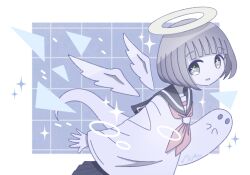 1girl :d angel artist_name black_skirt blunt_bangs blunt_ends border brown_hair collarbone commentary detached_wings ghost grid_background halo highres looking_at_viewer neckerchief no_nose omochi_noa open_mouth original pleated_skirt red_neckerchief school_uniform serafuku shirt short_hair signature skirt smile solid_oval_eyes solo sparkle symbol-shaped_pupils triangle upper_body white_border white_shirt wings x-shaped_pupils