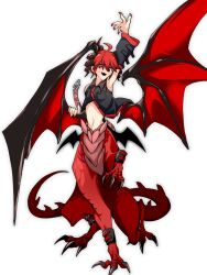 1girl ahoge arm_up black_shirt black_sleeves collared_shirt curled_horns detached_sleeves dragon_girl dragon_wings full_body highres horns kasane_teto kasane_teto_(utau) long_sleeves looking_at_viewer midriff monster_girl multiple_horns multiple_wings navel open_mouth partially_unbuttoned red_eyes red_hair shirt simple_background sleeveless sleeveless_shirt solo spread_wings taur utau white_background wings yi_xing_luren