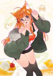 1girl animal_ears black_shorts black_tank_top cat_ears claw_pose fang fur-trimmed_jacket fur_trim glasses green_jacket headphones highres jacket mitsutadaki open_mouth orange_hair persona persona_5 sakura_futaba shirt shorts smile tank_top whiskers white_shirt