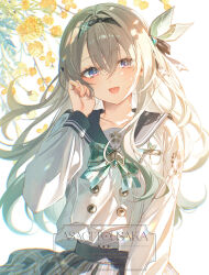 1girl aqua_hair black_hairband black_sailor_collar bow bowtie bright_pupils commentary firefly_(honkai:_star_rail) firefly_(spring_missive)_(honkai:_star_rail) floating_hair flower green_bow green_bowtie grey_hair hair_between_eyes hair_ornament hairband hand_up honkai:_star_rail honkai_(series) long_hair long_sleeves looking_at_viewer multicolored_eyes official_alternate_costume open_mouth sailor_collar school_uniform shirt simple_background skirt smile solo toosaka_asagi white_background white_pupils white_shirt