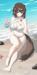 1girl absurdres animal_ears arknights arm_support beach bikini blush breasts brown_eyes brown_hair brown_tail cleavage closed_mouth commentary commentary_request feet happy05x highres holding large_breasts legs looking_at_viewer navel ocean official_alternate_costume on_ground otter_ears otter_girl otter_tail outdoors revision roberta_(arknights) roberta_(summer_flowers)_(arknights) seashell shell short_hair sitting smile solo starfish swimsuit tail thighs toenails toes white_bikini