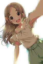 Rule 34 | 1girl, armpits, blush, brown eyes, brown hair, collarbone, dutch angle, gakuen idolmaster, green pants, hair ornament, highres, idolmaster, kuramoto china, long hair, looking at viewer, michii yuuki, off-shoulder shirt, off shoulder, open mouth, pants, parted bangs, shirt, short sleeves, smile, solo, teeth, upper teeth only, white background, white shirt