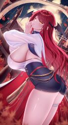 1girl addie_wyvernhart aegis-link ass autumn_leaves black_shorts black_wings breasts commission cowboy_shot demon_wings dutch_angle eeyoosekedooaat from_side gold_trim head_wings high-waist_shorts highres huge_breasts leaf long_hair long_sleeves looking_at_viewer looking_to_the_side red_hair see-through_clothes see-through_shirt shiny_skin shirt shorts sideboob sideless_shirt solo thigh_strap very_long_hair vgen_commission virtual_youtuber white_shirt wings yellow_eyes
