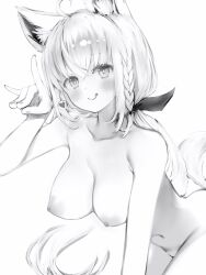 1girl :q absurdres ahoge animal_ears blush braid breasts closed_mouth completely_nude fox_ears fox_girl fox_shadow_puppet fox_tail greyscale hand_up heart highres hololive large_breasts long_hair looking_at_viewer monochrome nanashi_(nlo) navel nipples nude ponytail shirakami_fubuki side_braid simple_background smile solo tail tongue tongue_out virtual_youtuber white_background
