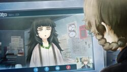 2girls :o amane_suzuha amane_suzuha_(beta) asymmetrical_footwear bags_under_eyes black_jacket blue_jacket blue_track_suit blunt_bangs braid breasts brown_hair clothing_request collar collarbone crocs cropped_jacket dress drooling flat_chest game_cg green_collar green_dress green_eyes green_hair green_trim grey_dress grey_jacket hair_rings high_collar highres hiyajou_maho huke jacket jacket_over_dress jacket_over_jacket leather leather_jacket long_hair long_sleeves medium_breasts messy_hair mismatched_footwear multiple_girls narrowed_eyes official_art open_mouth pink_sandals ringed_eyes sandals screen_light shirt skype sleepy standing steins;gate steins;gate_0 thick_eyebrows tongue track_jacket track_suit twin_braids twintails very_long_hair video_call yellow_eyes
