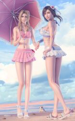 2girls 3d aerith_gainsborough aerith_gainsborough_(pink_mermaid) aqua_eyes armpit_crease ass beach bikini bikini_skirt braid braided_ponytail breasts brown_hair closed_mouth cloud cloudy_sky day feet final_fantasy final_fantasy_vii final_fantasy_vii_rebirth final_fantasy_vii_remake flower forehead frilled_skirt frills full_body hair_flower hair_ornament highres holding holding_hands holding_umbrella kneepits large_breasts legs long_legs looking_at_viewer multiple_girls navel outdoors parted_bangs pink_bikini red_eyes sandals sidelocks skirt sky small_breasts smile sreliata stomach swimsuit tifa_lockhart tifa_lockhart_(shining_spirit) toenails toes umbrella white_bikini white_sandals