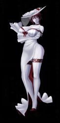 1girl 3d action_taimanin alternate_costume alternate_skin_color breasts curvy dress full_body halloween_costume hat highres huge_breasts lilith-soft lips looking_at_viewer mizuki_shiranui official_alternate_costume screencap simple_background smile standing taimanin_(series) taimanin_yukikaze