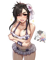 1girl 2boys aroused_nosebleed artist_name barret_wallace barret_wallace_(junon_naval_crew) black_hair blonde_hair blood blush blushyspicy breasts cleavage cloud_strife cloud_strife_(ocean_chocobo) commentary english_commentary final_fantasy final_fantasy_vii final_fantasy_vii_remake highres large_breasts long_hair looking_at_viewer multiple_boys navel nosebleed red_eyes skirt smile spiked_hair tifa_lockhart tifa_lockhart_(shining_spirit)