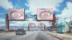 ad billboard car graffiti highres motor_vehicle mountainous_horizon original road road_sign rust sidewalk sign simon_stalenhag symbol-shaped_pupils utility_pole