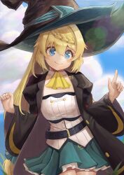 1girl absurdres aizawa_azusa ascot belt black_hat black_robe blonde_hair blue_eyes blue_skirt braid breasts closed_mouth cloud cloudy_sky dress eyebrows_hidden_by_hair feet_out_of_frame hair_between_eyes hat highres juliet_sleeves kenlearnillust large_breasts large_hat lens_flare long_hair long_sleeves looking_ahead pointing pointing_up puffy_sleeves robe skirt sky slime_taoshite_300_nen_shiranai_uchi_ni_level_max_ni_nattemashita smile solo strapless strapless_dress very_long_hair white_dress witch witch_hat yellow_ascot