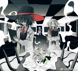 1girl 5others :o bag black_cape black_eyes black_hair black_hat black_kimono black_shirt black_vest boots bright_pupils brown_capelet cape capelet chinese_commentary clipboard clone coattails collared_shirt colored_eyelashes colored_tongue commentary_request cowboy_shot doorway egg enraku_tsubakura expressionless faceless green_hakama green_tongue grey_hair grocery_bag hair_between_eyes hakama hat highres holding holding_bag holding_clipboard holding_pen hood hooded_jacket houlen_yabusame indoors jacket japanese_clothes jinbei_(clothes) kimono lab_coat laboratory lapels len&#039;en long_sleeves looking_at_another mini_person mob_cap multiple_others neck_ribbon notched_lapels open_clothes open_jacket outstretched_arm pants pen purple_footwear purple_jacket red_hat red_ribbon renlei_jing_shi_wo_ziji ribbon shirt shitodo_hoojiro shitodo_kuroji shopping_bag short_hair short_hair_with_long_locks shorts siblings sleeves_past_wrists smile sparkle standing table tile_floor tiles top_hat triangular_headpiece two-sided_fabric two-sided_headwear vest watermark weibo_watermark white_pants white_pupils white_shirt white_shorts wide_brim wide_sleeves writing