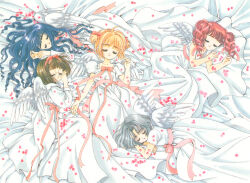 5girls absurdres angel_wings brown_hair cardcaptor_sakura clamp_(circle) closed_eyes daidouji_tomoyo dress glasses grey_hair highres kinomoto_sakura long_hair lying mihara_chiharu multiple_girls official_art petals red_ribbon ribbon sasaki_rika short_hair sleeping smile white_dress wings yanagisawa_naoko