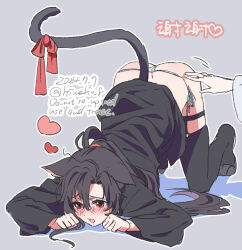 1boy 1girl ahoge all_fours alternate_costume animal_ears black_boots black_dress black_hair blush boots cat_ears cat_girl cat_tail chinese_text clothes_lift dated dress full_body genderswap genderswap_(mtf) grey_background hair_between_eyes hand_on_another&#039;s_ass heart kemonomimi_mode kimako_(kimako_8) knee_boots lan_wangji long_hair long_sleeves modao_zushi open_mouth out_of_frame outline panties ponytail red_eyes red_ribbon ribbon robe side-tie_panties simple_background skirt skirt_lift solo_focus tail tail_ornament tail_ribbon thigh_strap tongue tongue_out top-down_bottom-up twitter_username underwear watermark wei_wuxian white_outline white_panties wide_sleeves