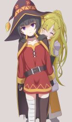 Rule 34 | 2girls, ^ ^, absurdres, armor, asymmetrical legwear, bandaged leg, bandages, black gloves, black hair, blonde hair, brown cape, cape, closed eyes, collarbone, commentary request, contamination (contami0813), cosplay, darkness (konosuba), darkness (konosuba) (cosplay), dress, empty eyes, expressionless, feet out of frame, fingerless gloves, gloves, hands on another&#039;s shoulders, hat, highres, idolmaster, idolmaster cinderella girls, kono subarashii sekai ni shukufuku wo!, kurosaki chitose, looking at viewer, megumin, megumin (cosplay), multiple girls, purple eyes, red dress, shirayuki chiyo, shoulder armor, simple background, witch hat
